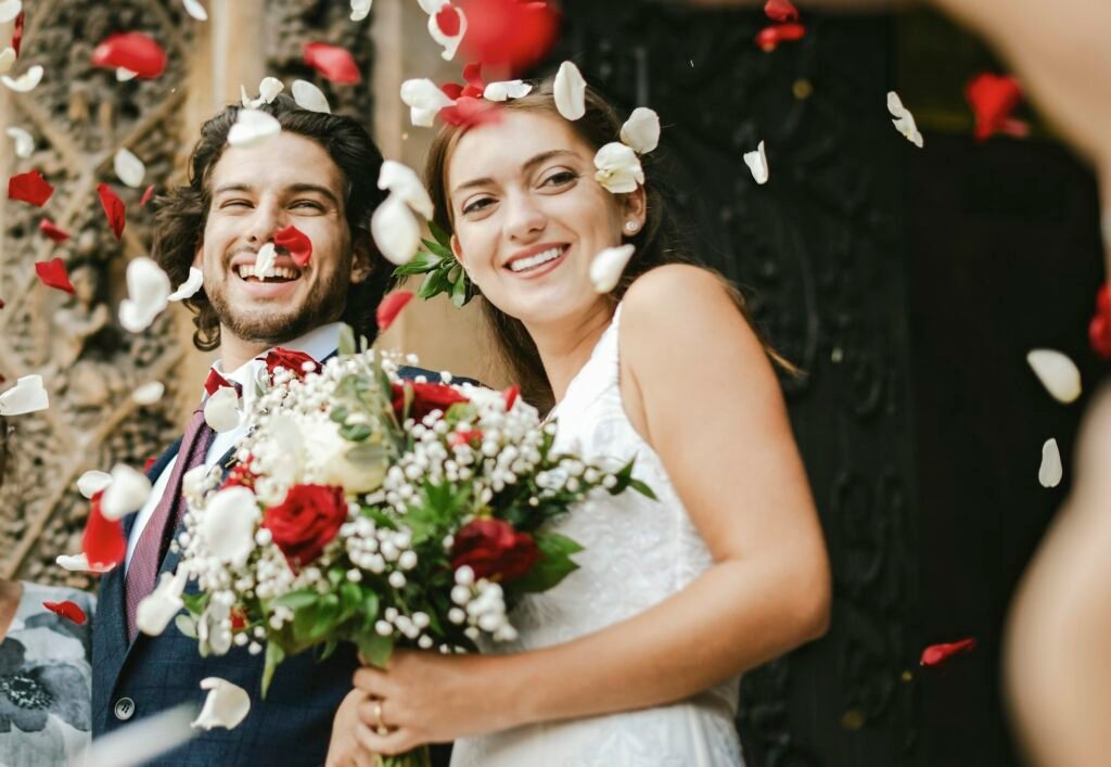 Flower petals shower on wedding couple from our Co2 Confetti Canon | Upshot SFX Dubai, UAE