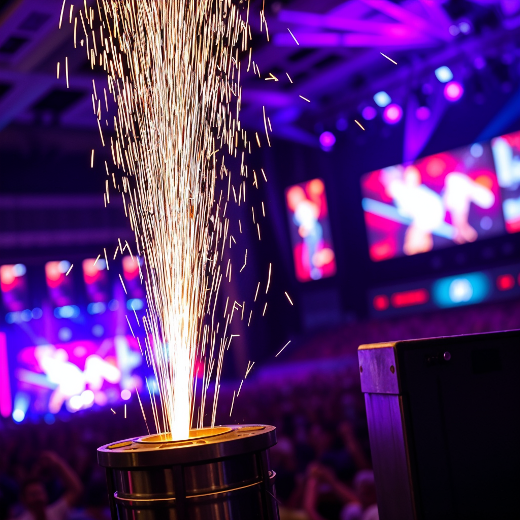 Close-up of a cold spark fall machine in operation at a concert in Dubai.