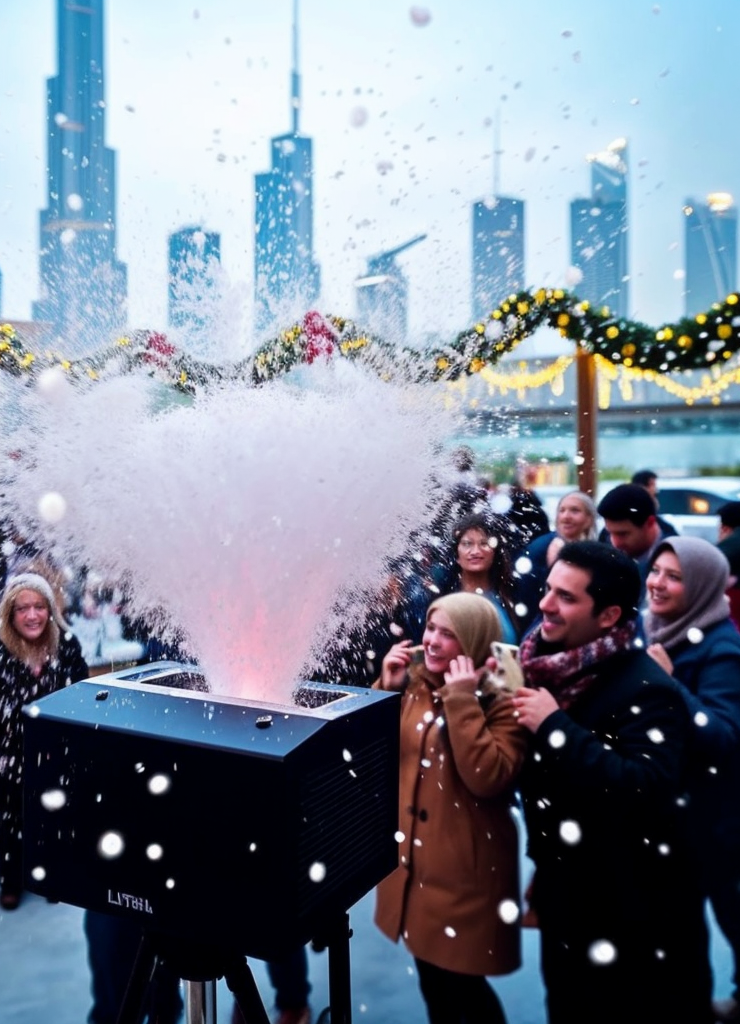 Snow machine creating a snowy effect at a holiday party | Snow Machine Rental in Dubai, UAE | Upshot SFX