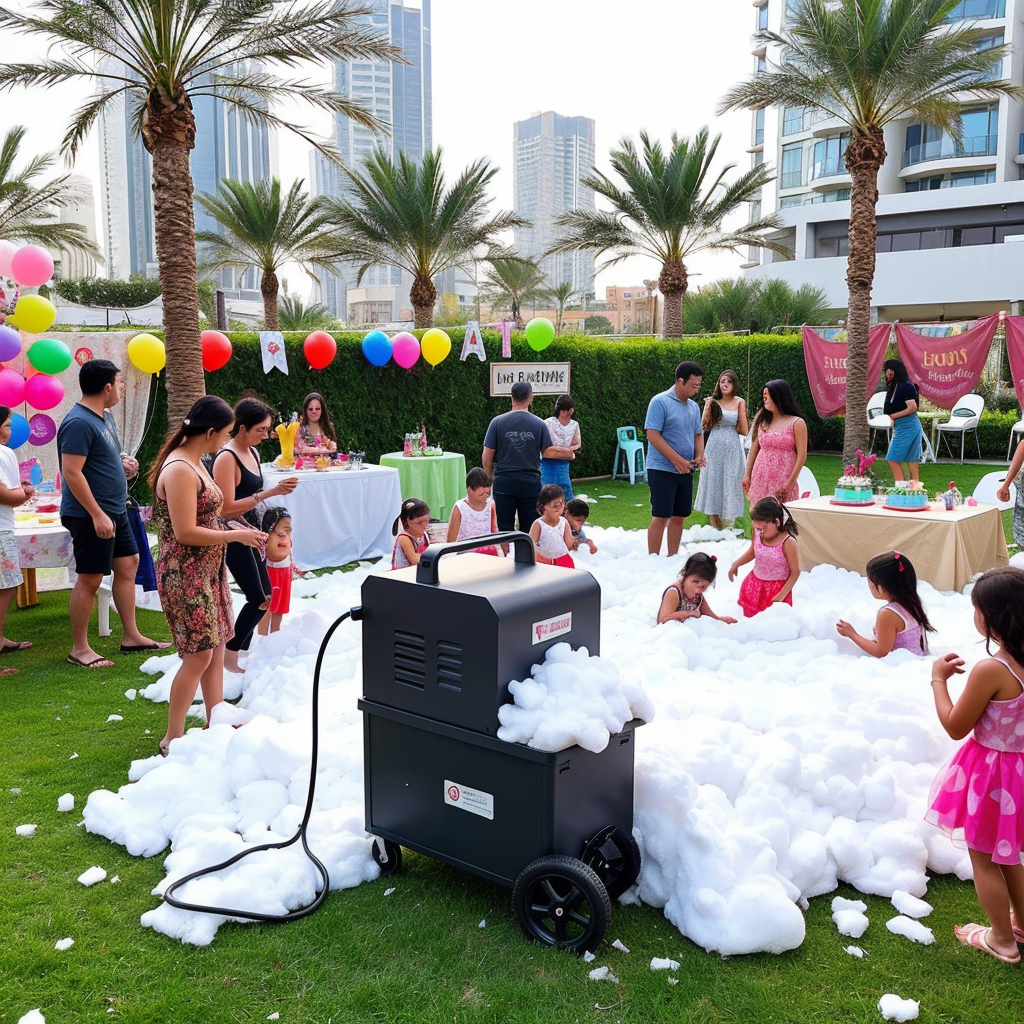 Portable foam machine being used at a birthday party in Dubai, UAE by Upshot SFX