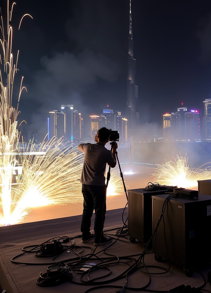 Upshot SFX team setting up cold spark machines for a event | Cold Pyro Machine Rental in Dubai, UAE | Upshot SFX