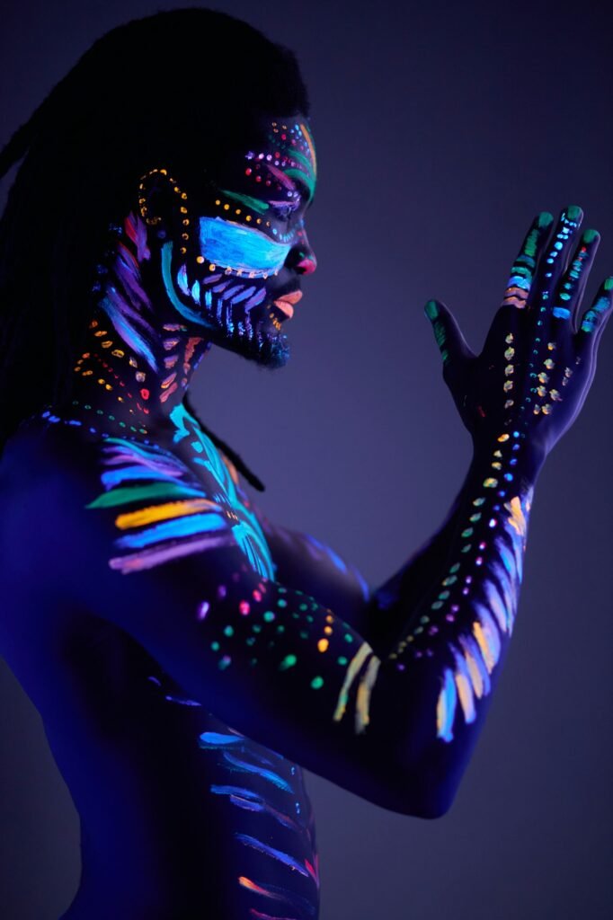 Bodyart glowing in darkness under Uv Lights Rental in Dubai, UAE | Upshot SFX